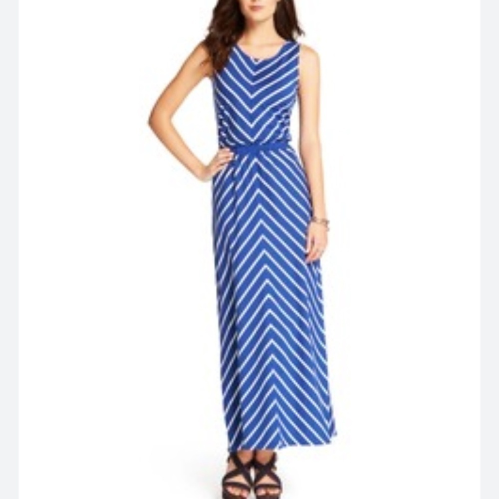 Calvin Klein Blue White Bohemian Coastal Striped Crew Neck Maxi Dress Size SP